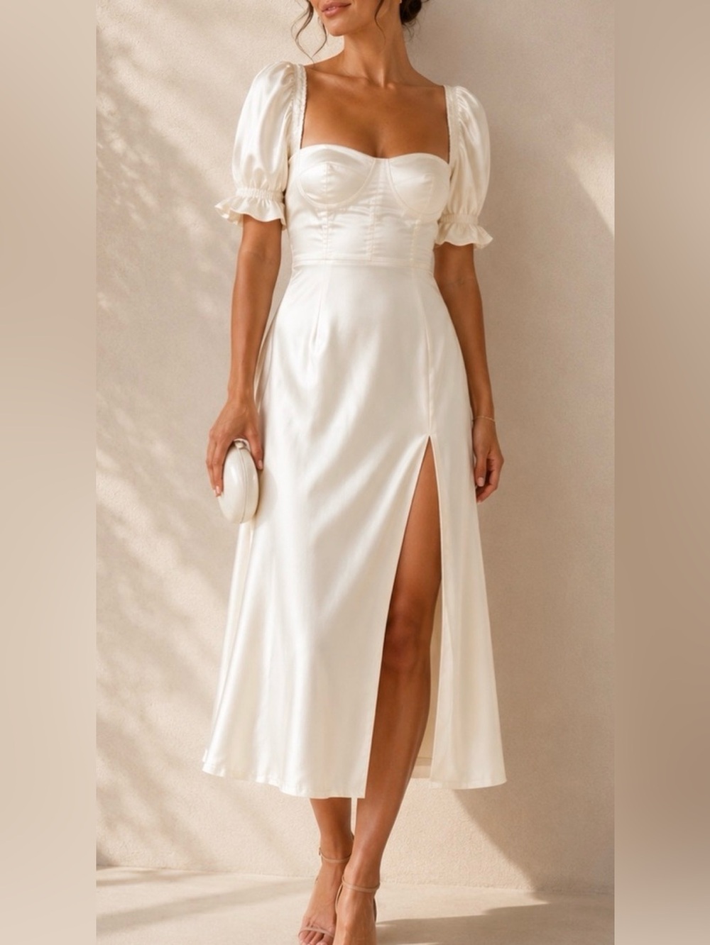 WeWoreWhat Ivory Satin Puff-Sleeve Midi Dress
